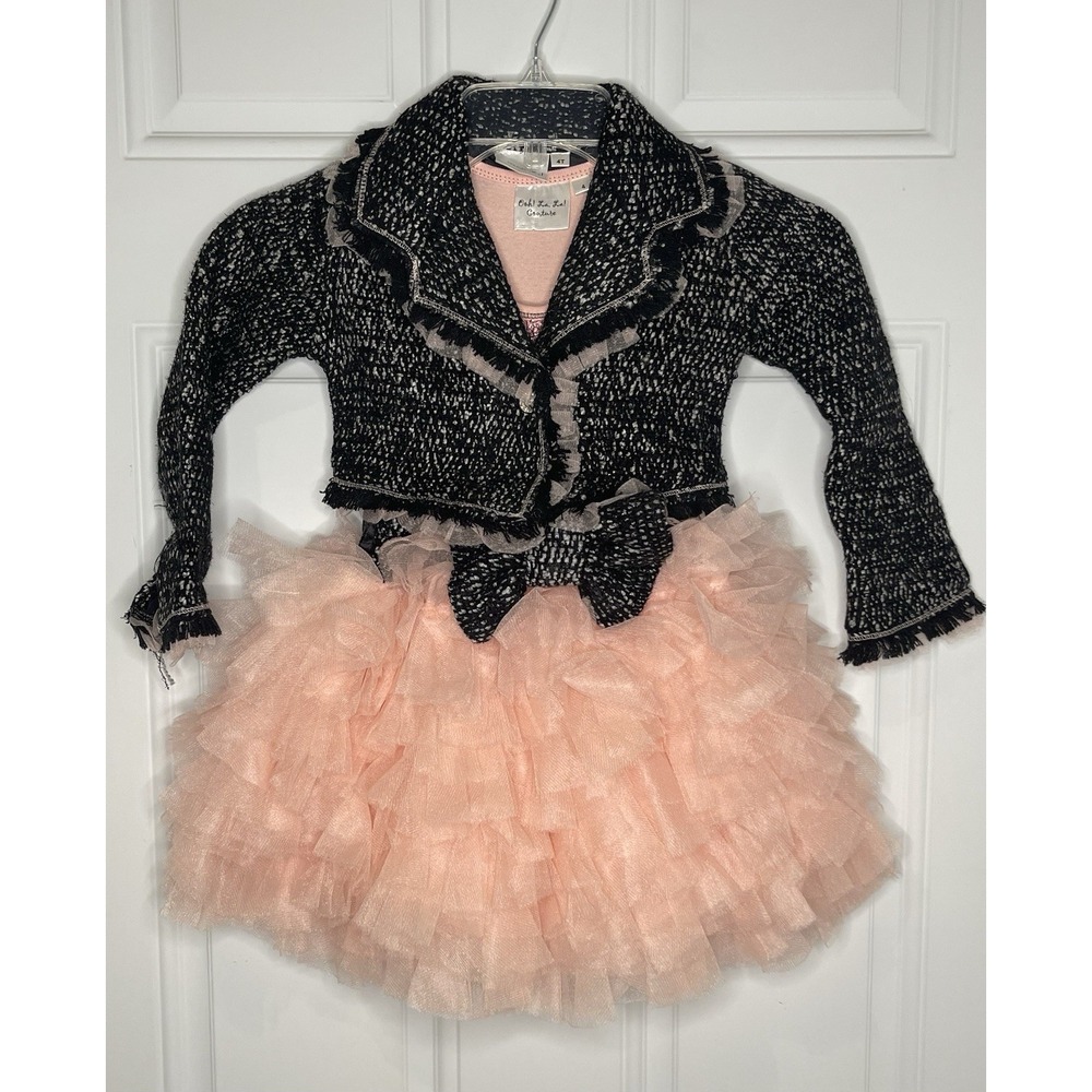 Ooh La La Couture 4 4T Blush Coco Tweed Bow Dream Dress w/ Matching Jacket Tutu